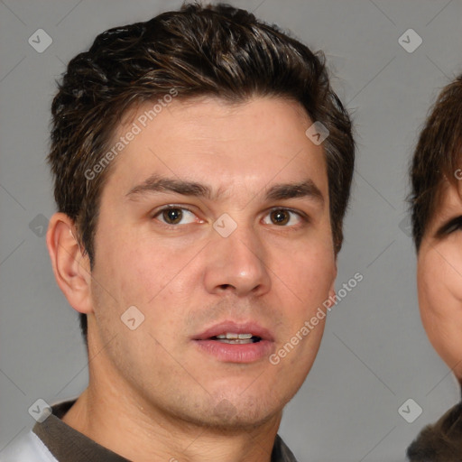 Neutral white adult male with short  brown hair and brown eyes