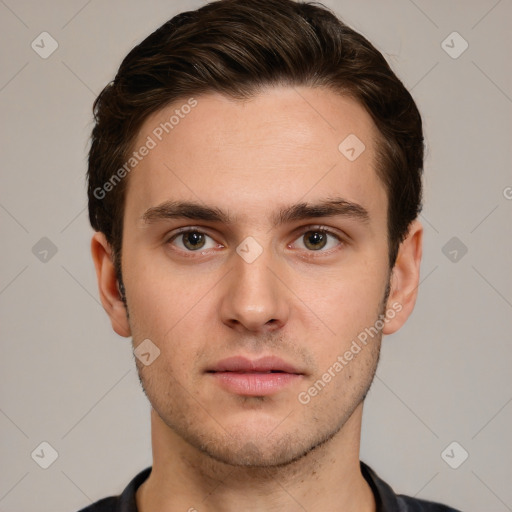 Neutral white young-adult male with short  brown hair and brown eyes