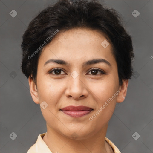 Joyful latino young-adult female with short  brown hair and brown eyes