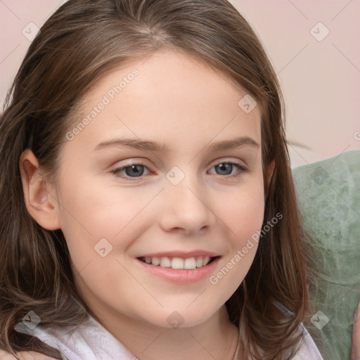 Joyful white child female with medium  brown hair and brown eyes