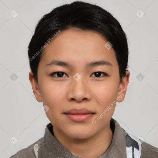 Neutral asian young-adult female with short  black hair and brown eyes