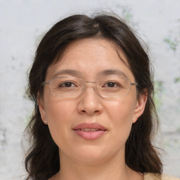 Joyful asian adult female with medium  brown hair and brown eyes