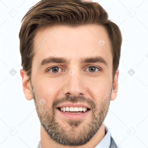 Joyful white young-adult male with short  brown hair and grey eyes