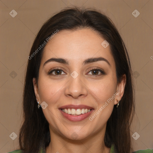 Joyful white young-adult female with long  brown hair and brown eyes