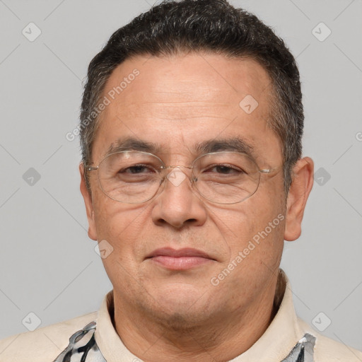 Joyful white middle-aged male with short  brown hair and brown eyes