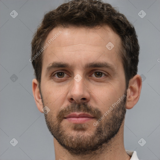 Neutral white young-adult male with short  brown hair and brown eyes