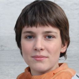 Neutral white young-adult female with short  brown hair and brown eyes