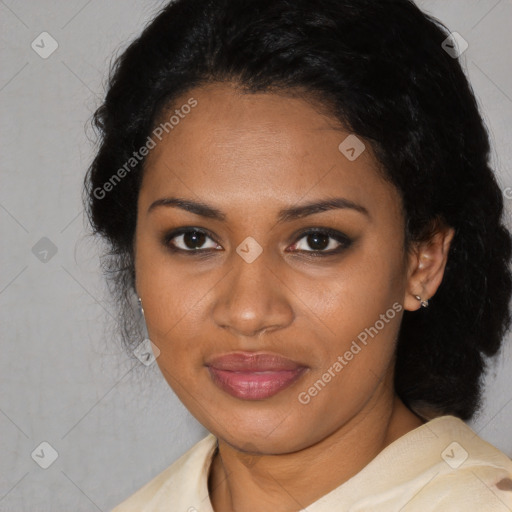 Joyful black young-adult female with medium  black hair and brown eyes