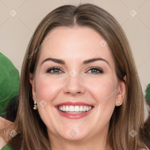 Joyful white young-adult female with medium  brown hair and green eyes