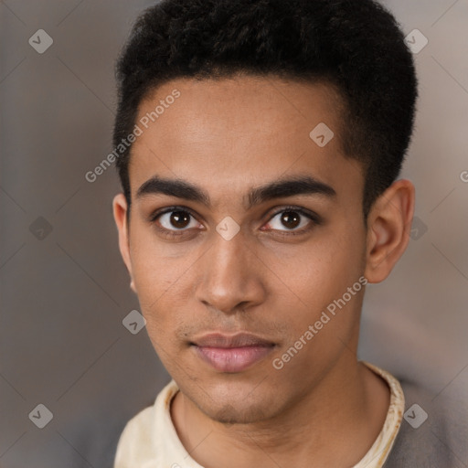 Neutral latino young-adult male with short  black hair and brown eyes