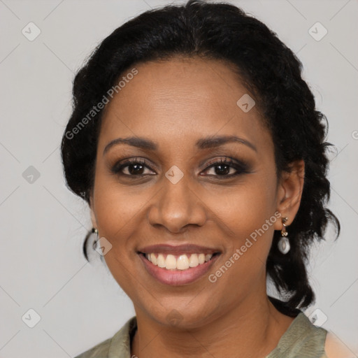 Joyful black young-adult female with medium  black hair and brown eyes