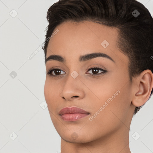 Joyful white young-adult female with short  brown hair and brown eyes