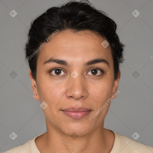 Neutral white young-adult female with short  brown hair and brown eyes