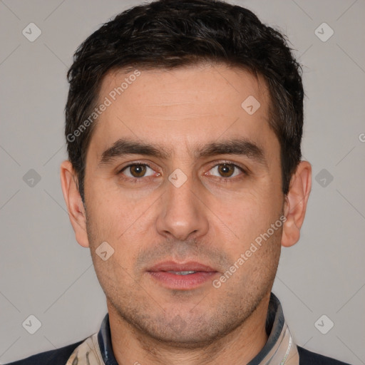 Neutral white adult male with short  brown hair and brown eyes