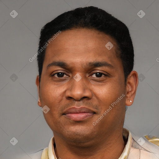 Joyful latino adult male with short  black hair and brown eyes