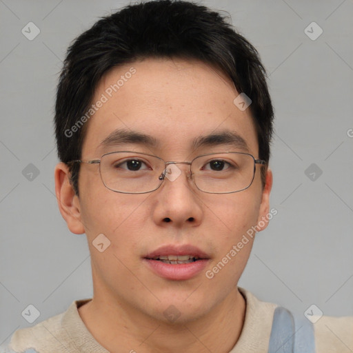 Neutral asian young-adult male with short  brown hair and brown eyes