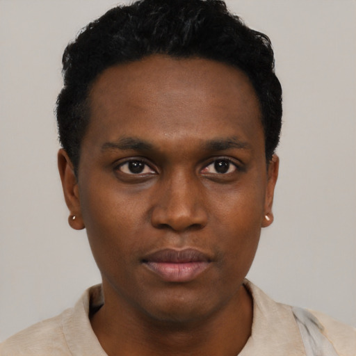Neutral black young-adult male with short  black hair and brown eyes