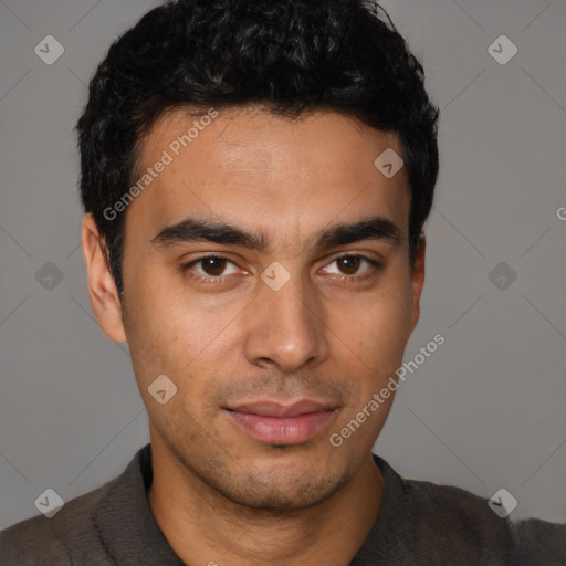 Neutral latino young-adult male with short  brown hair and brown eyes