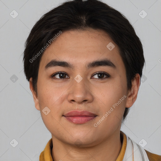 Joyful asian young-adult male with short  brown hair and brown eyes