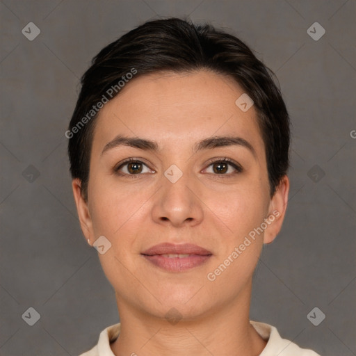 Joyful white young-adult female with short  brown hair and brown eyes