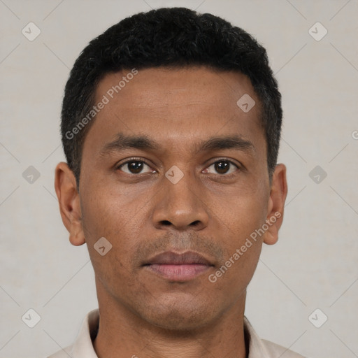 Neutral black young-adult male with short  black hair and brown eyes