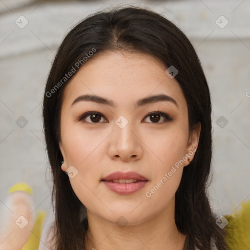 Neutral asian young-adult female with medium  brown hair and brown eyes