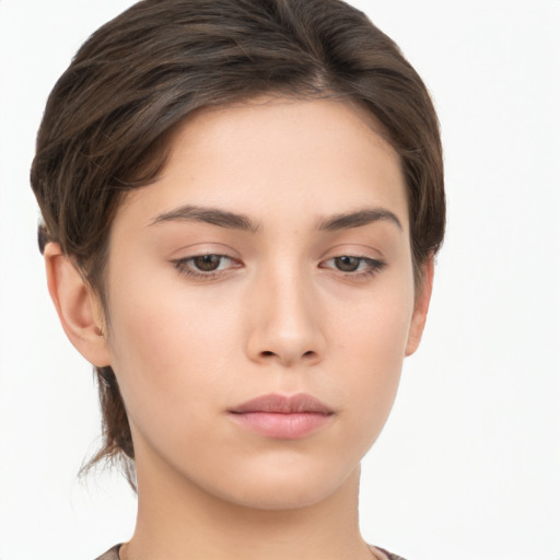 Neutral white young-adult female with short  brown hair and brown eyes