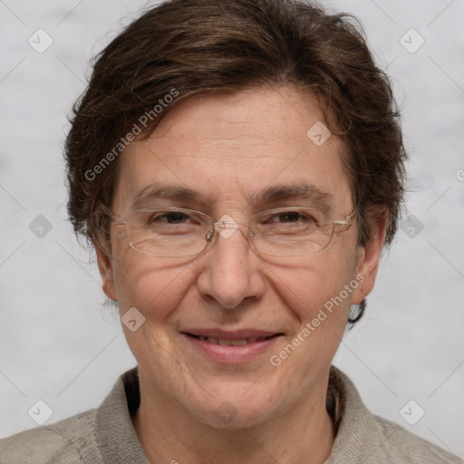 Joyful white adult female with short  brown hair and grey eyes