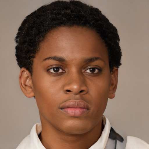 Neutral black young-adult female with short  brown hair and brown eyes