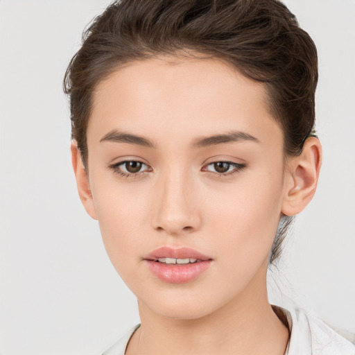 Neutral white young-adult female with short  brown hair and brown eyes