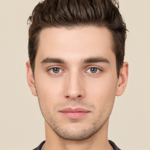 Neutral white young-adult male with short  brown hair and brown eyes