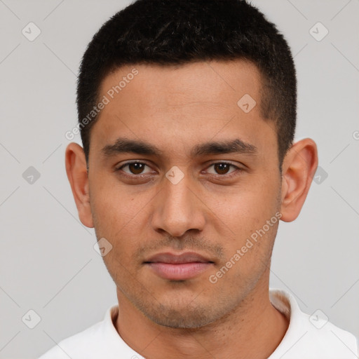 Neutral white young-adult male with short  brown hair and brown eyes