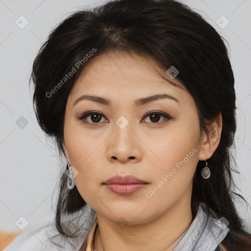 Neutral asian young-adult female with medium  brown hair and brown eyes