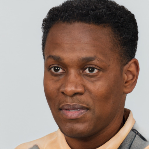 Joyful black adult male with short  black hair and brown eyes
