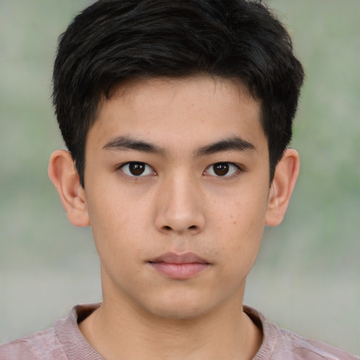 Neutral asian young-adult male with short  brown hair and brown eyes