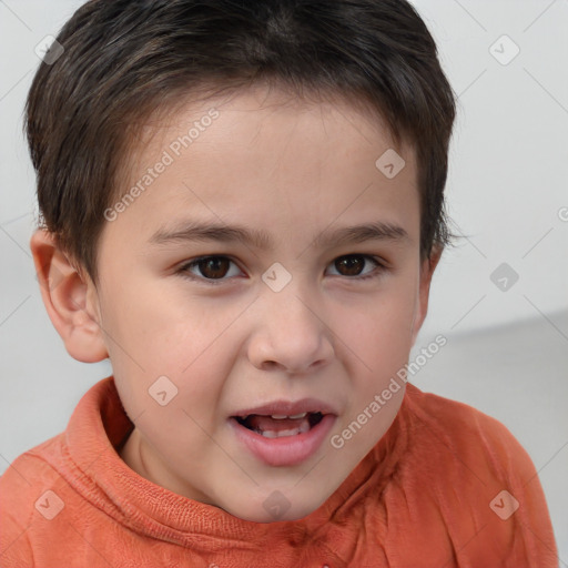 Joyful white child male with short  brown hair and brown eyes