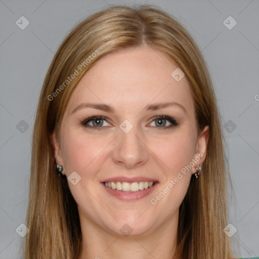 Joyful white young-adult female with long  brown hair and grey eyes