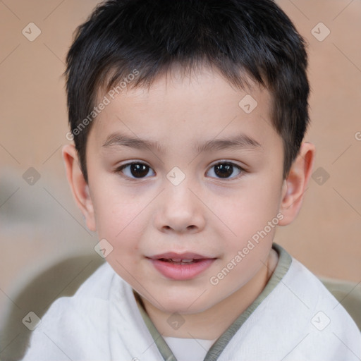 Joyful white child male with short  brown hair and brown eyes