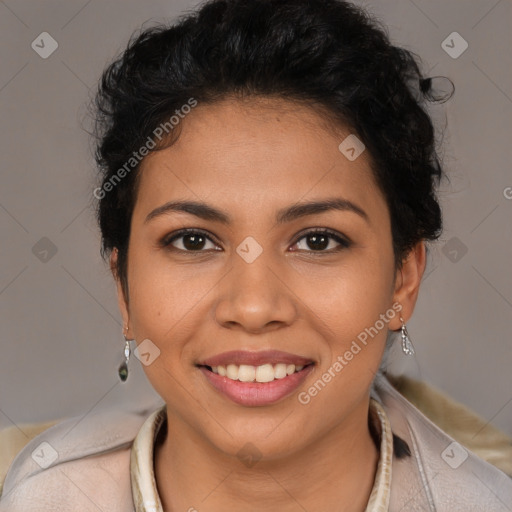 Joyful latino young-adult female with short  brown hair and brown eyes