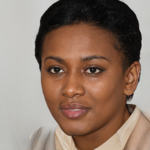 Joyful black young-adult female with short  black hair and brown eyes