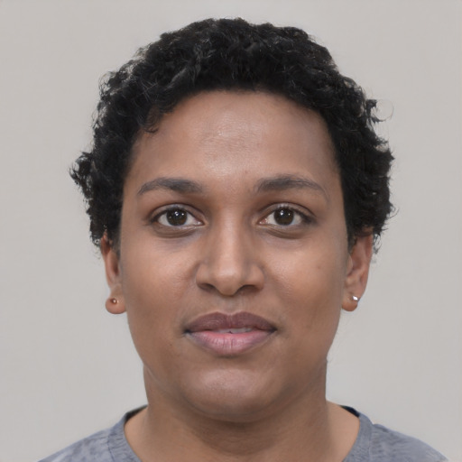 Neutral black young-adult female with short  black hair and brown eyes