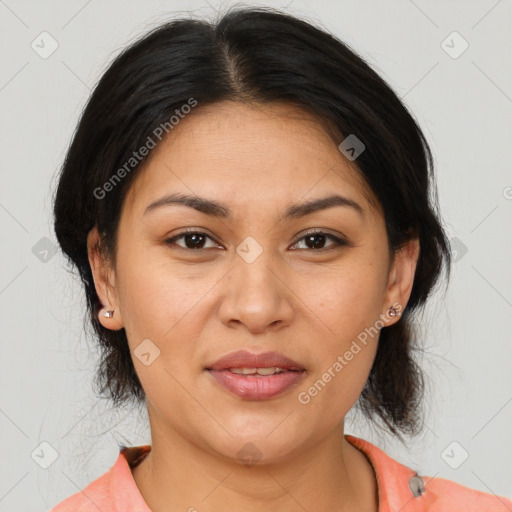 Joyful white adult female with medium  brown hair and brown eyes