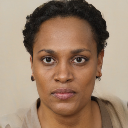 Neutral black young-adult female with short  black hair and brown eyes