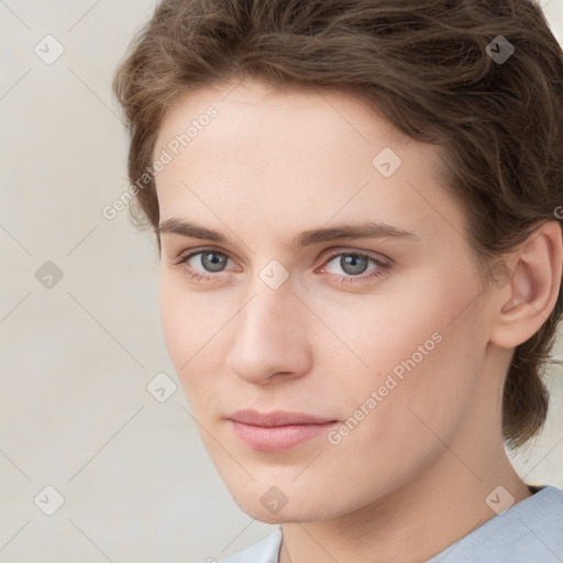 Neutral white young-adult female with short  brown hair and brown eyes