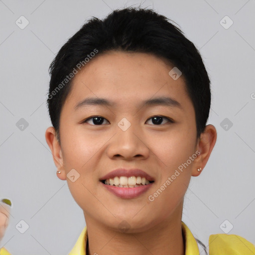Joyful asian young-adult female with short  black hair and brown eyes