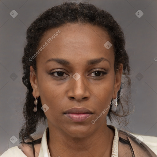 Neutral black adult female with short  brown hair and brown eyes