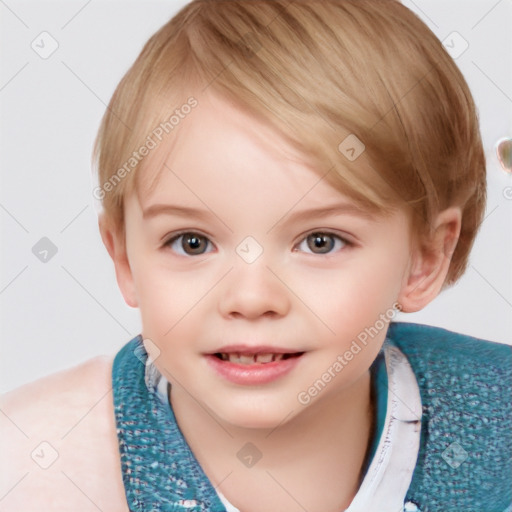 Joyful white child female with short  brown hair and brown eyes