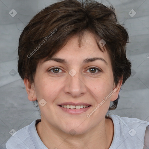 Joyful white adult female with short  brown hair and grey eyes