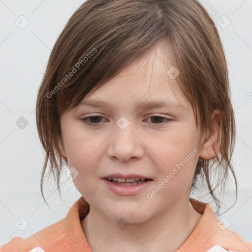 Joyful white child female with medium  brown hair and blue eyes