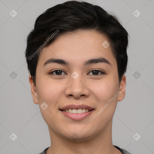 Joyful asian young-adult female with short  brown hair and brown eyes